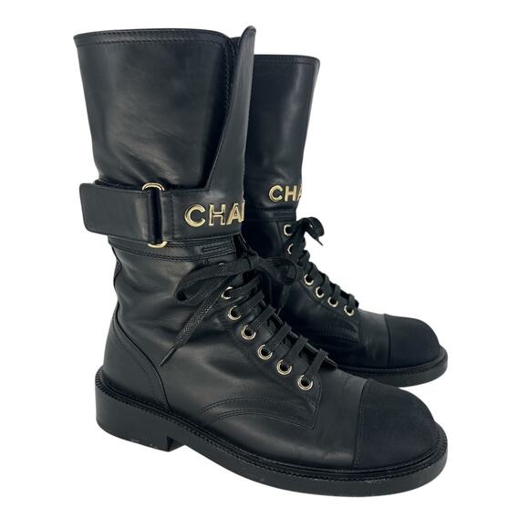Chanel 2021 Interlocking CC Logo Leather Combat Boots - Picture 5 of 16